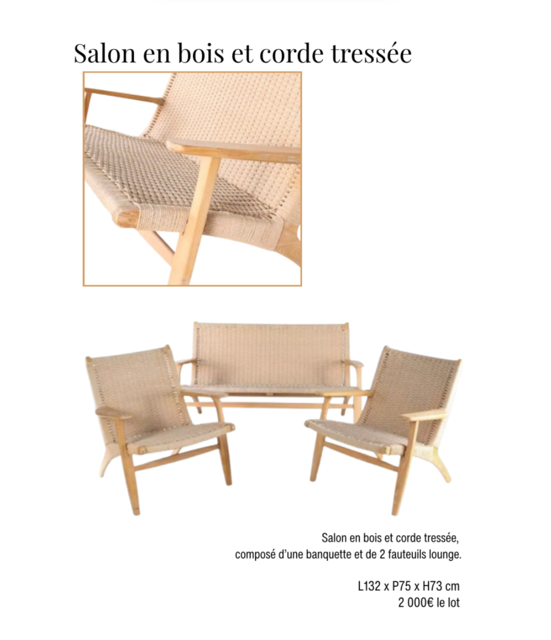 Salon en bois et corde tressé Galerie Gérard G